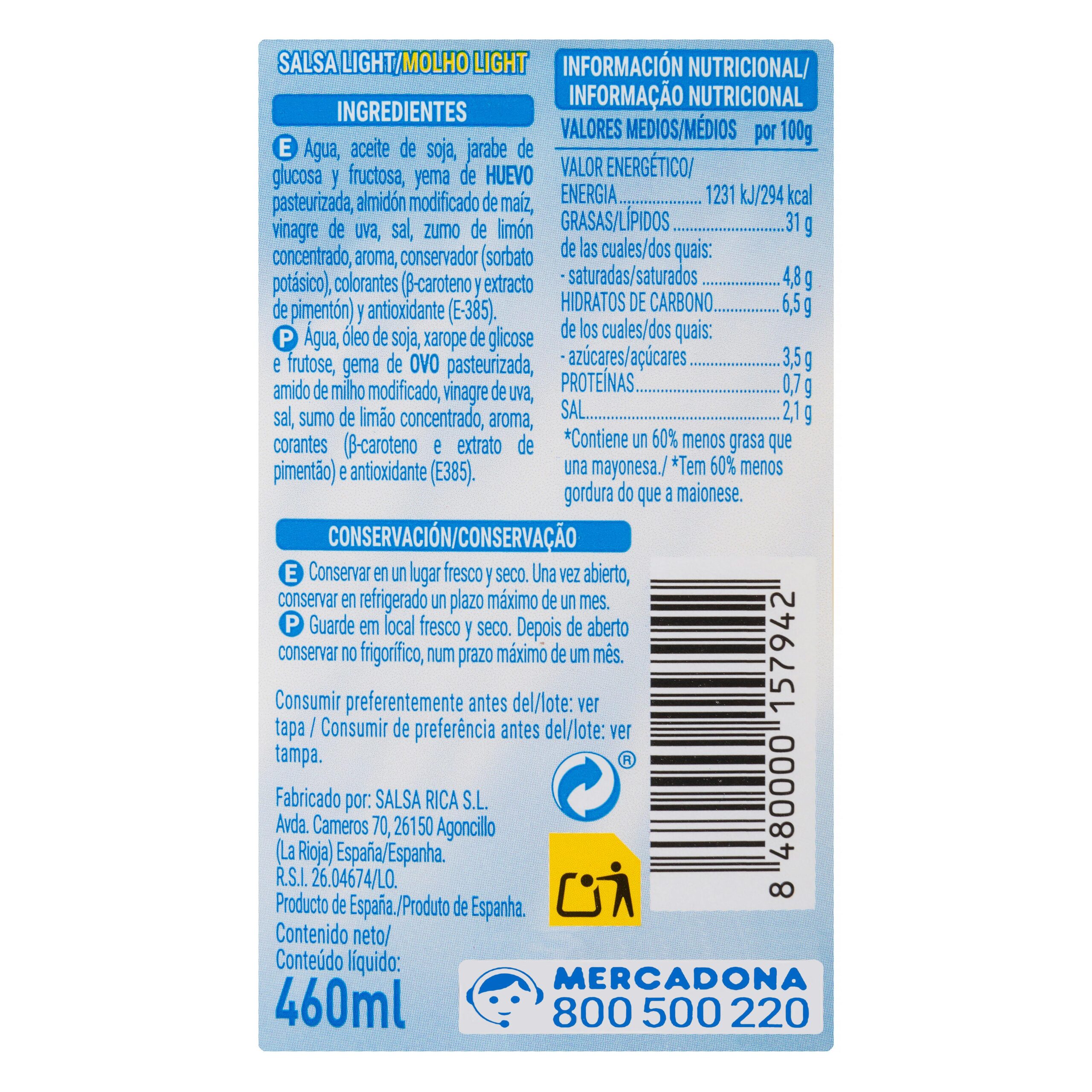 Etiqueta Salsa ligera Hacendado 60% menos de materia grasa